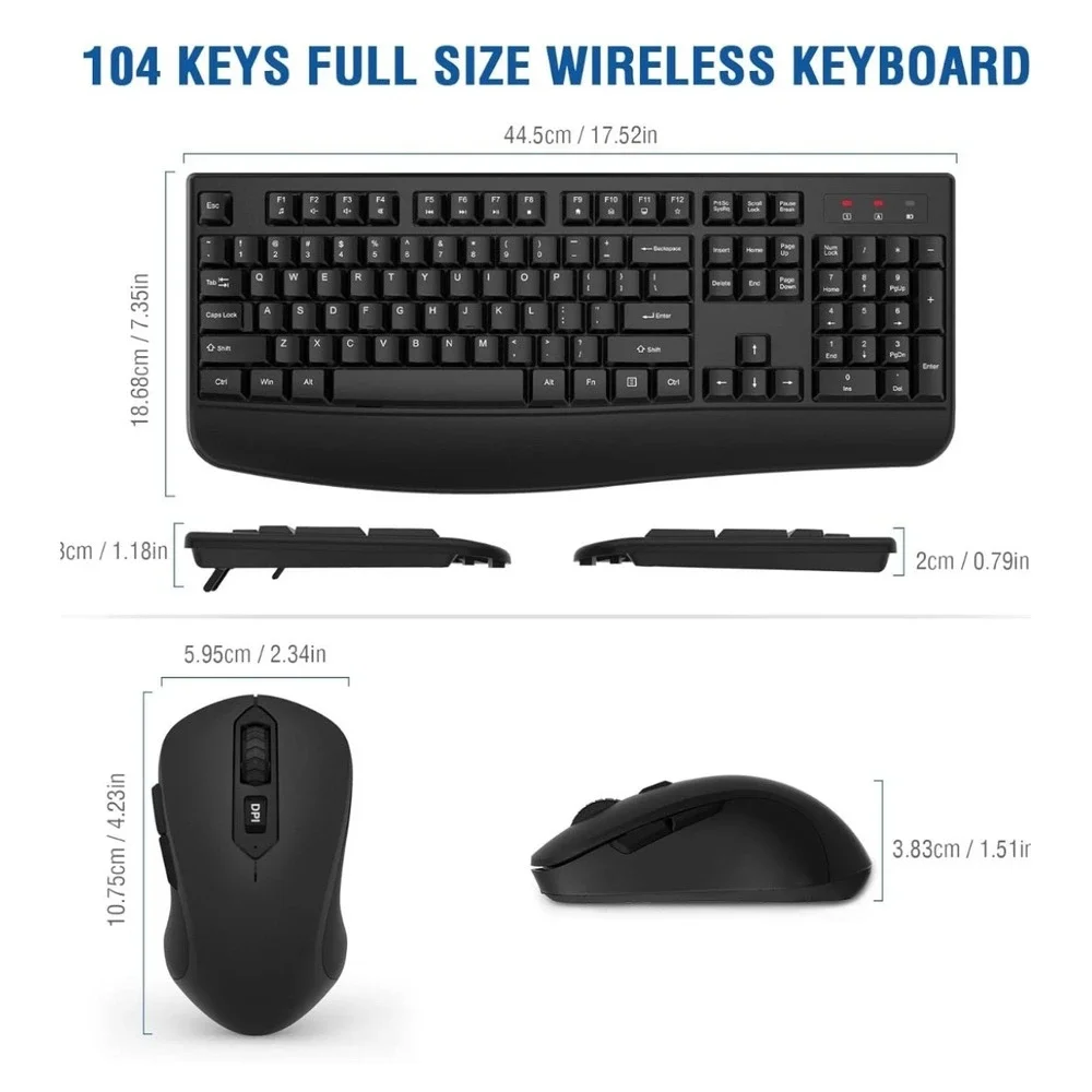 Wireless Keyboard and Mouse Combo, 2.4G Full-Sized Ergonomic Computer Keyboard